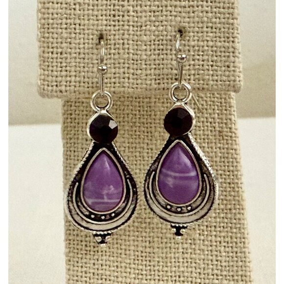 Korean Pine Stone Silver Plated Earrings Purple Boho Indie Statement Jewelry - Picture 1 of 8